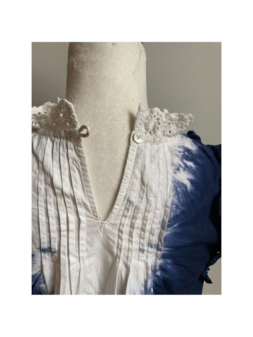sea "Evelyn" Cotton Tie Dye Blouse Top New Blue White Eyelet Lace Ruffles - Picture 5 of 8